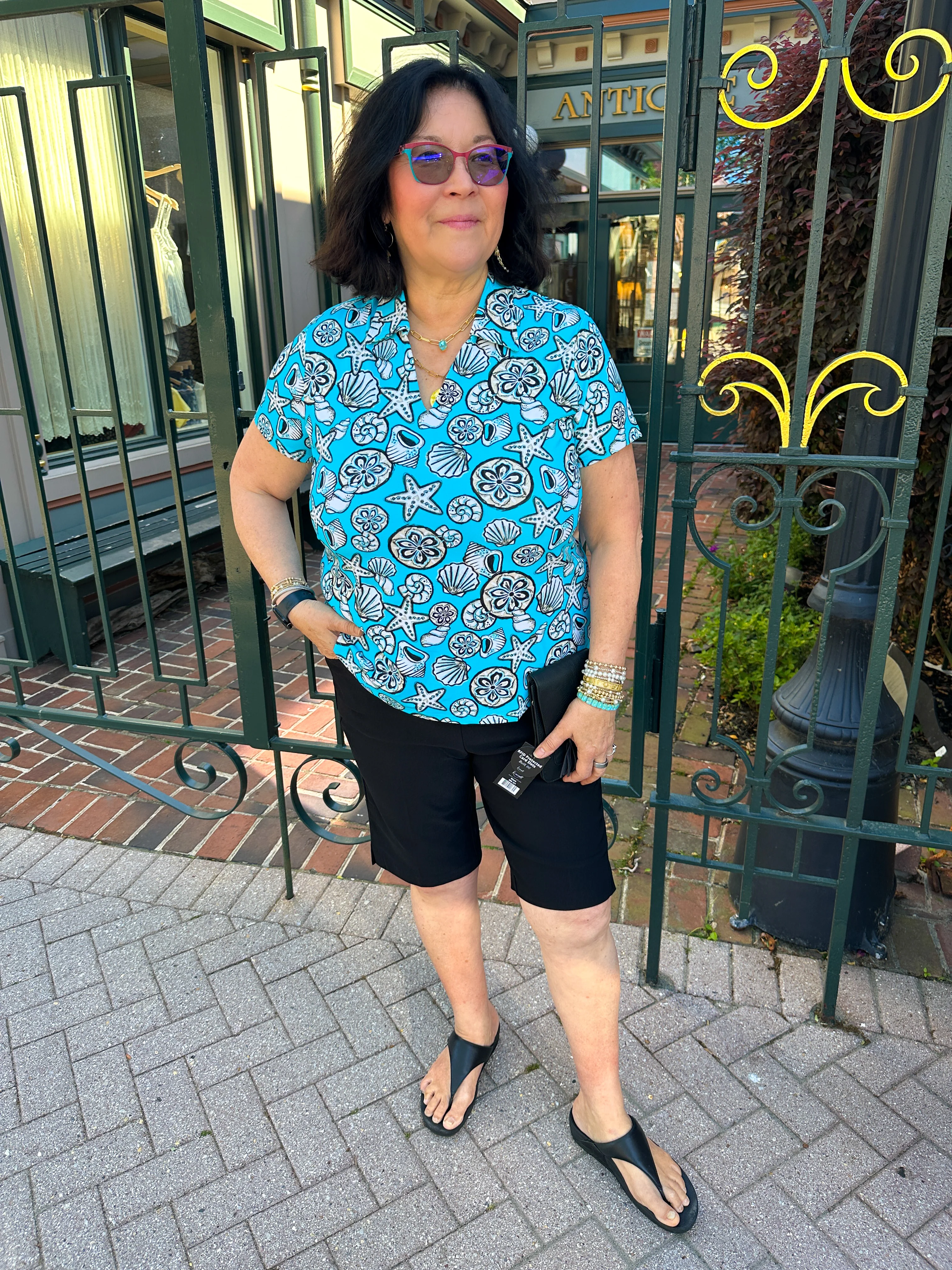 Lulu B Clear Turquoise Shells Short Sleeve Collar Top - Image 2