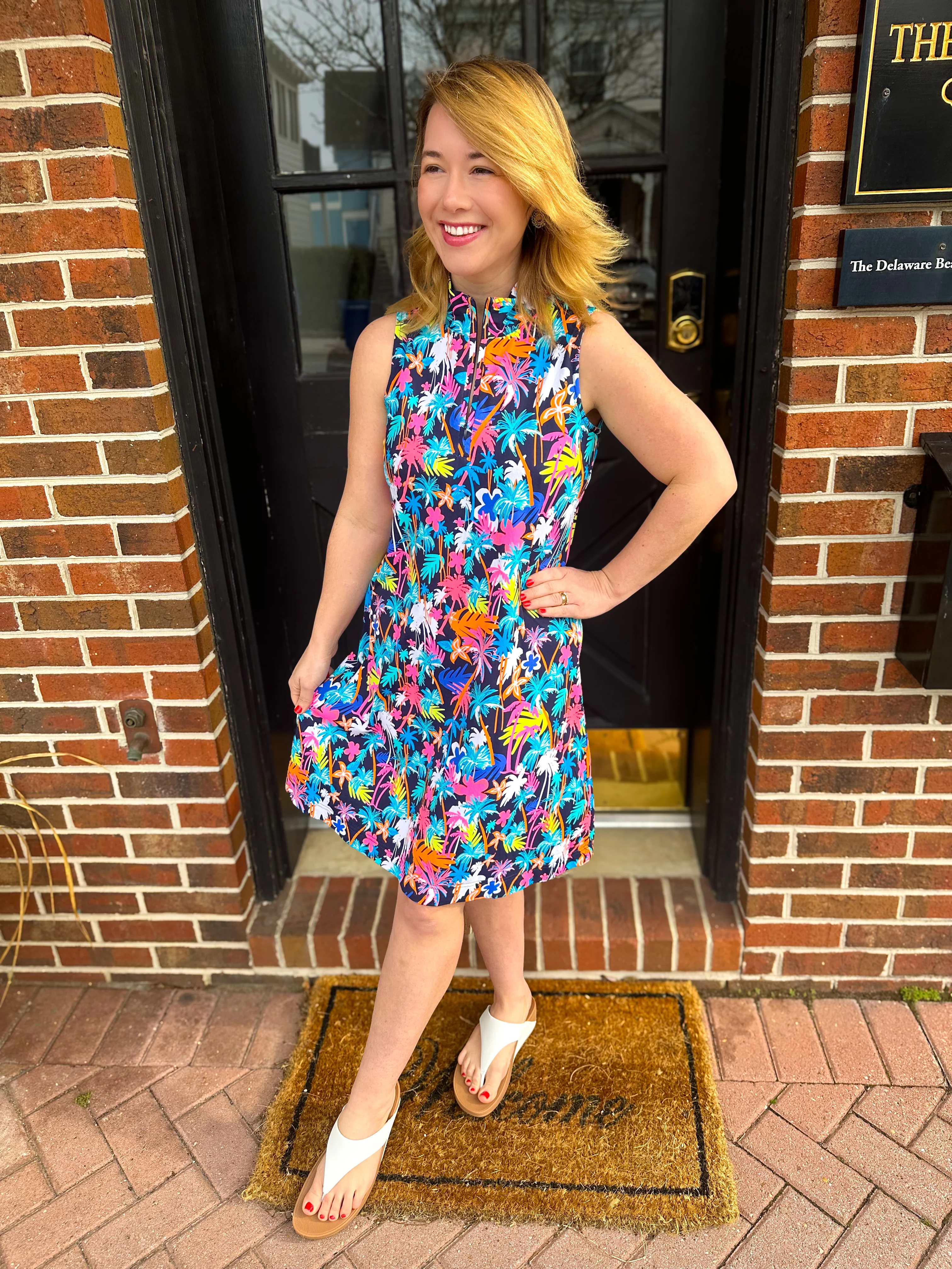Beachtime by Lulu B Neon Floral Sleeveless Quarter Zip Dress
