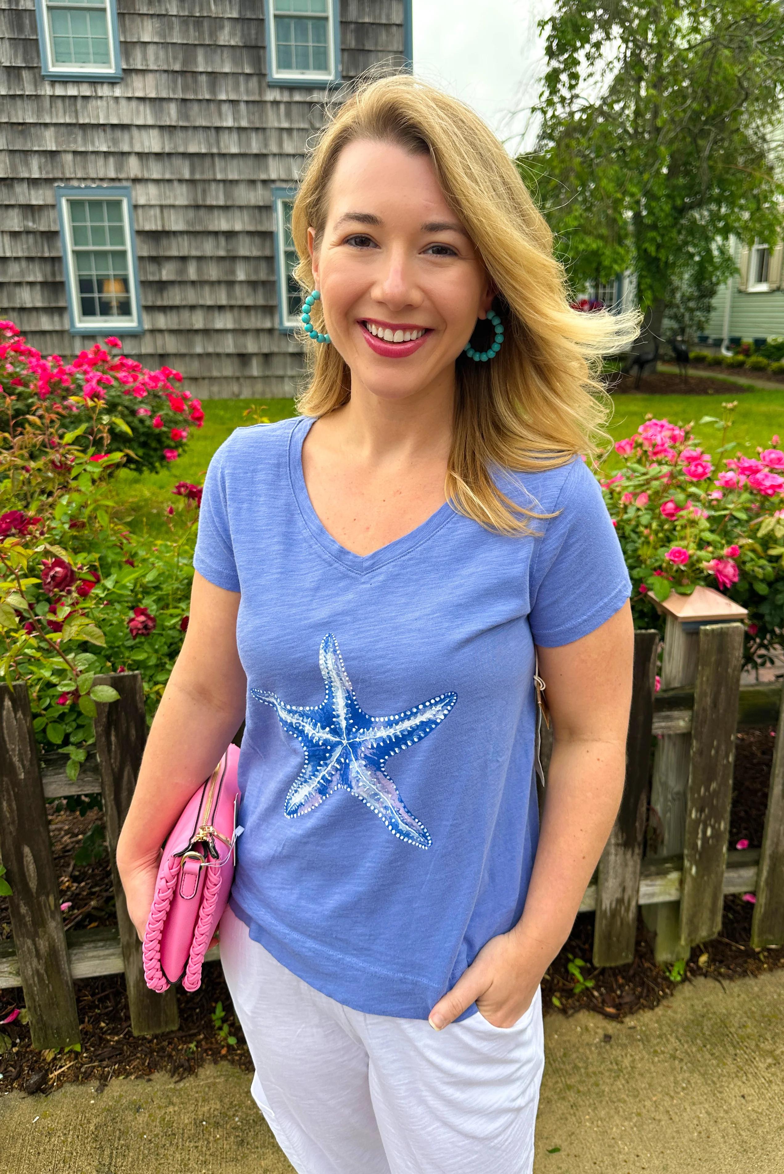 Escape by Habitat Women's Cotton V-Neck Tee Baja Blue Starfish