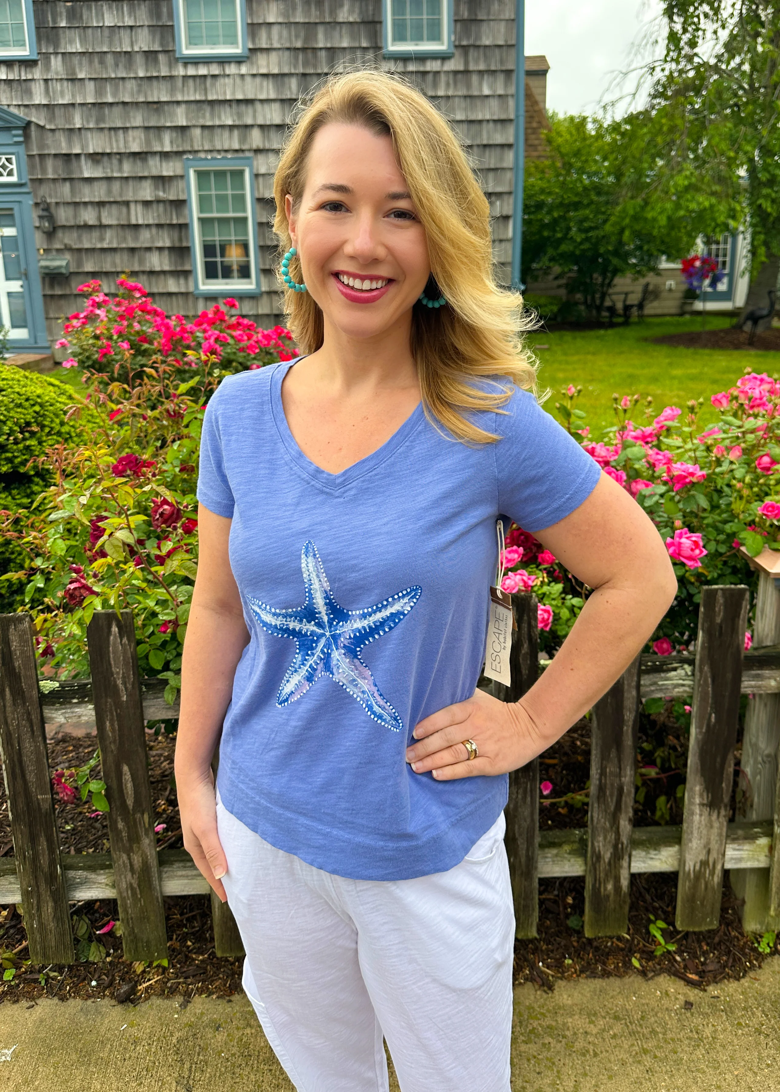 Escape by Habitat Women's Cotton V-Neck Tee Baja Blue Starfish - Image 3