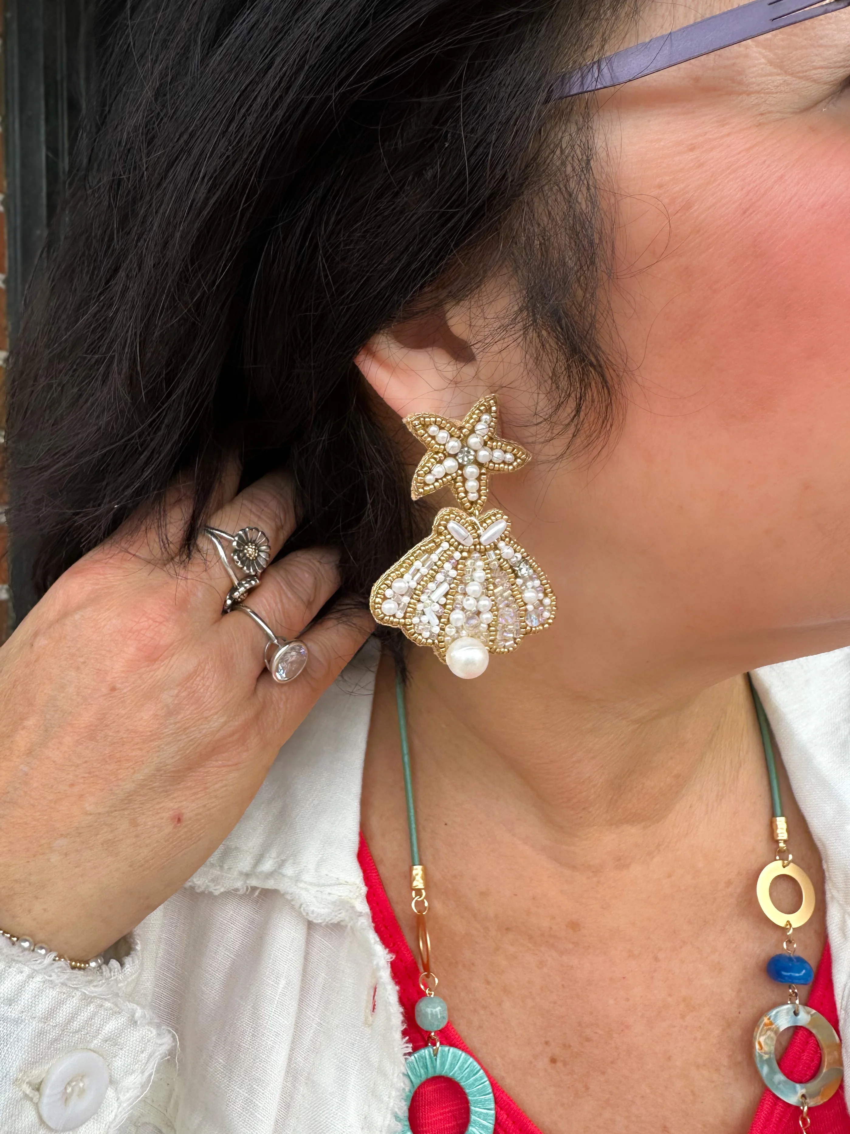 Gold Beaded Shell Earrings