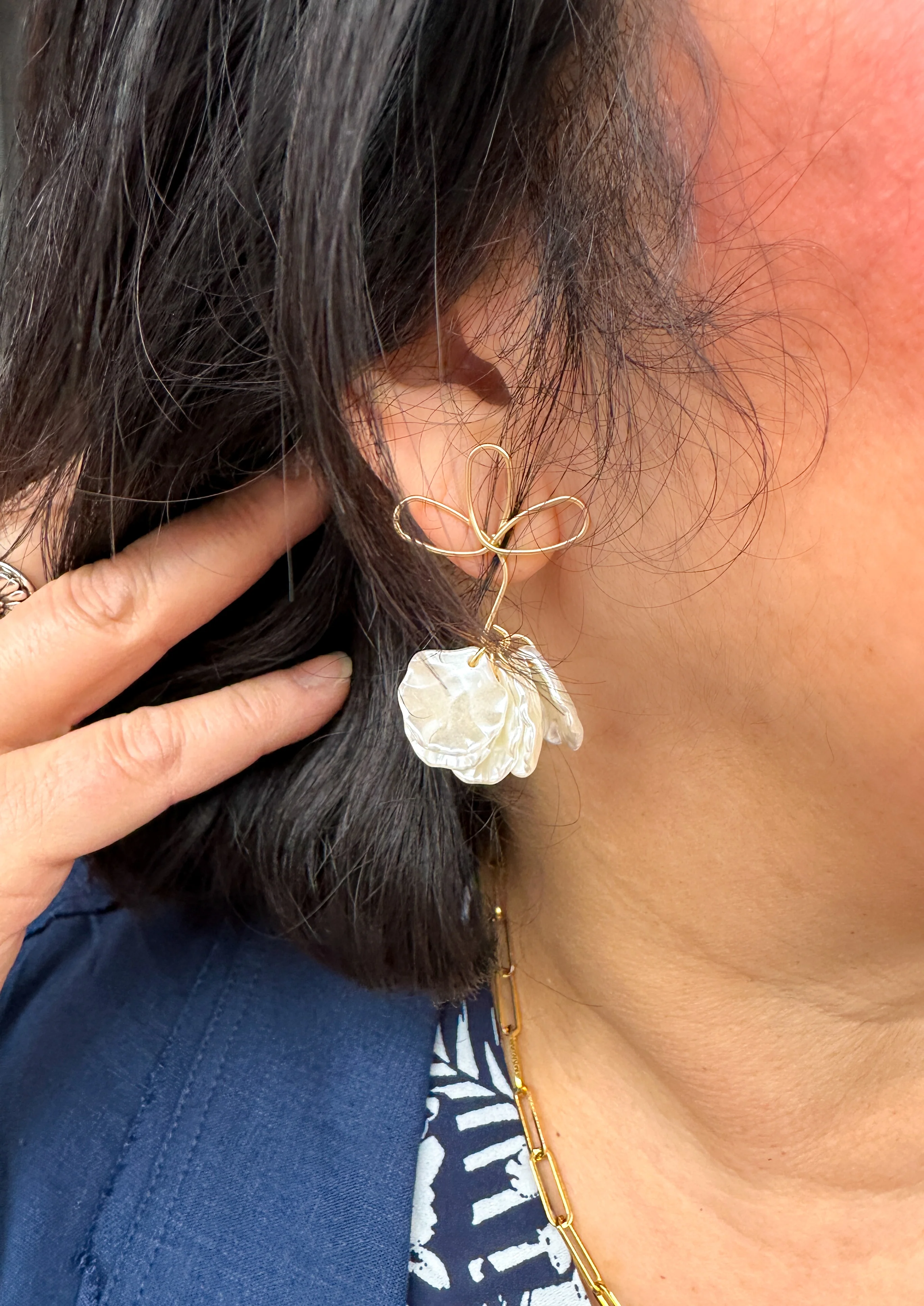 Gold Mother of Pearl Flower Earrings - Image 2