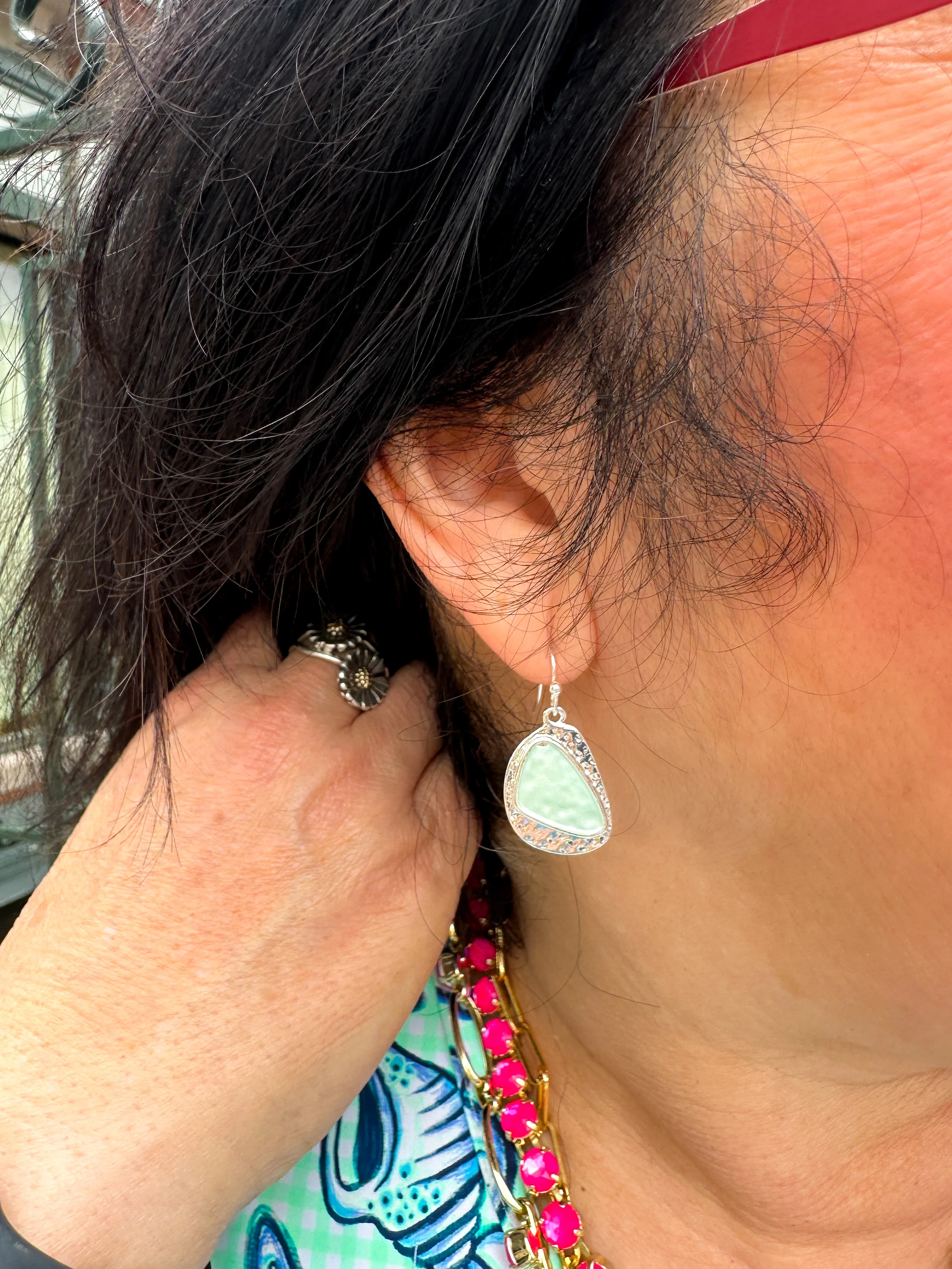 Hammered Silver and Seafoam Earrings