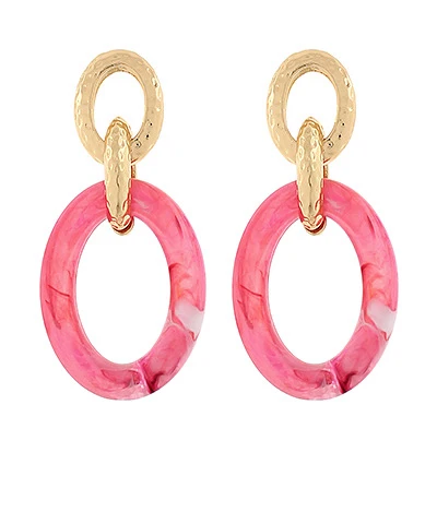 Linked Acrylic & Textured Metal Oval Earrings Fuchsia