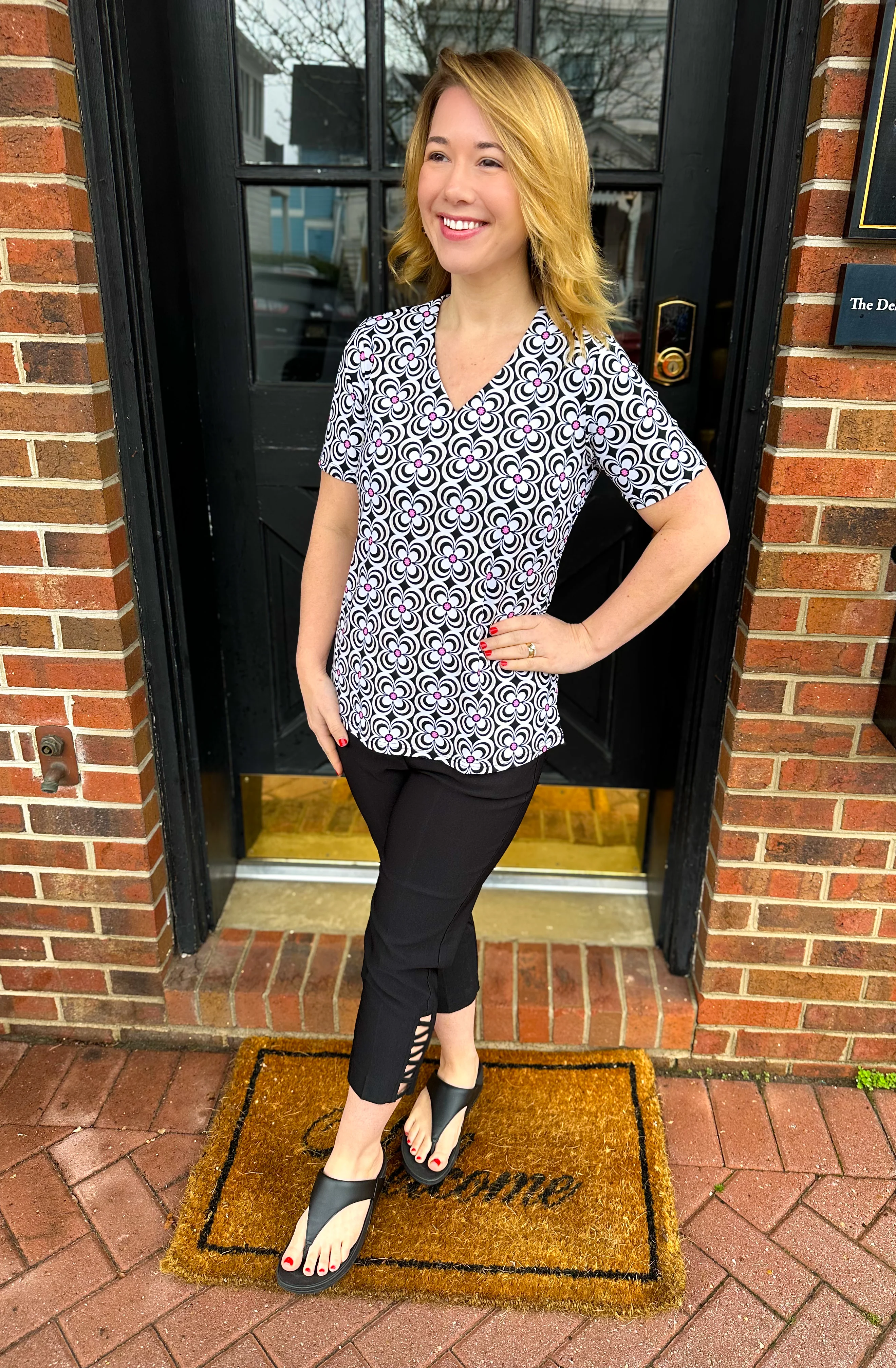 Lulu B Black and Pink Flowers UPF 50+ Short Sleeve V-neck Top - Image 2