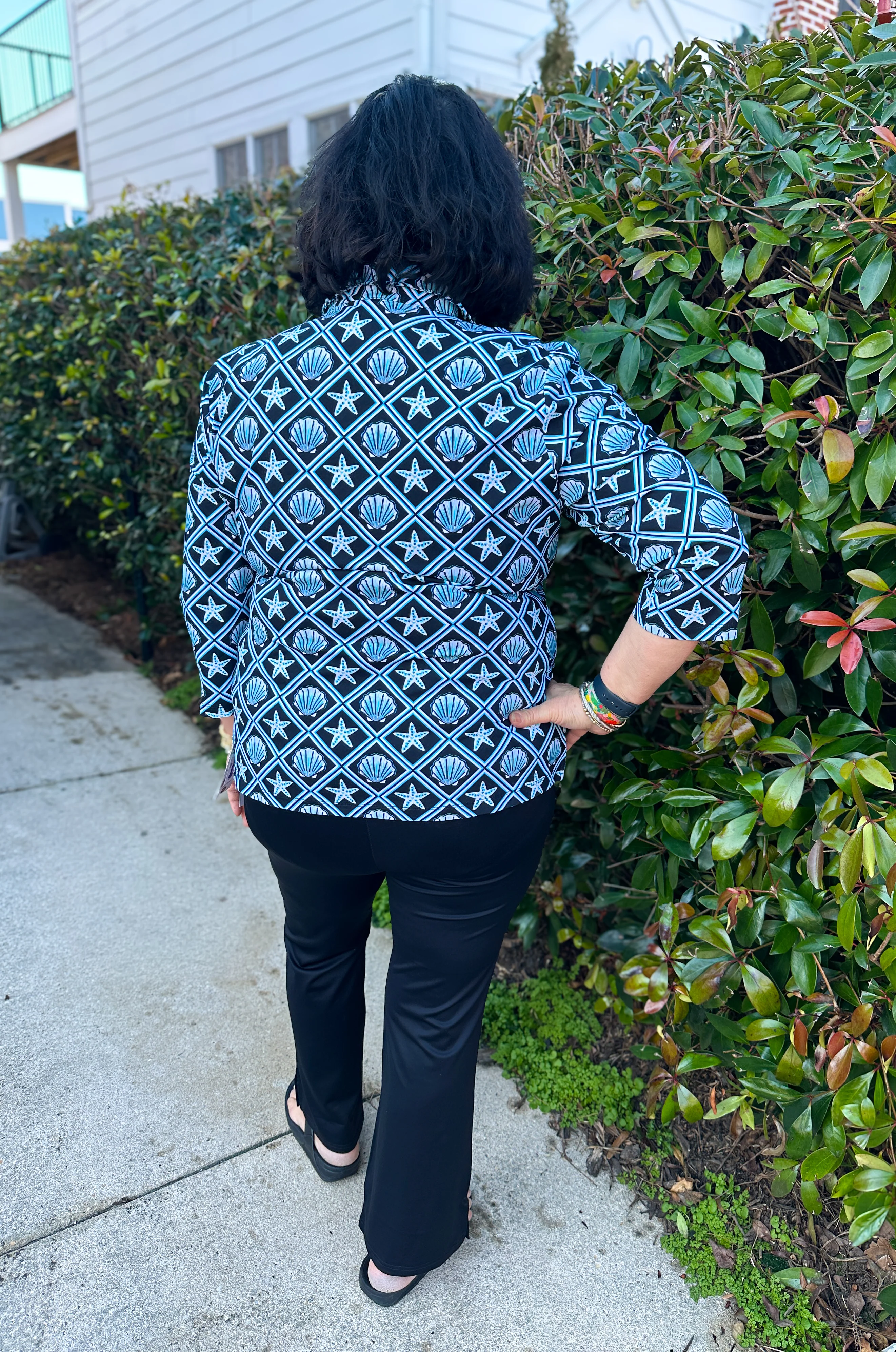 Lulu B Black and Turquoise Shells Long Sleeve Collar Top - Image 2