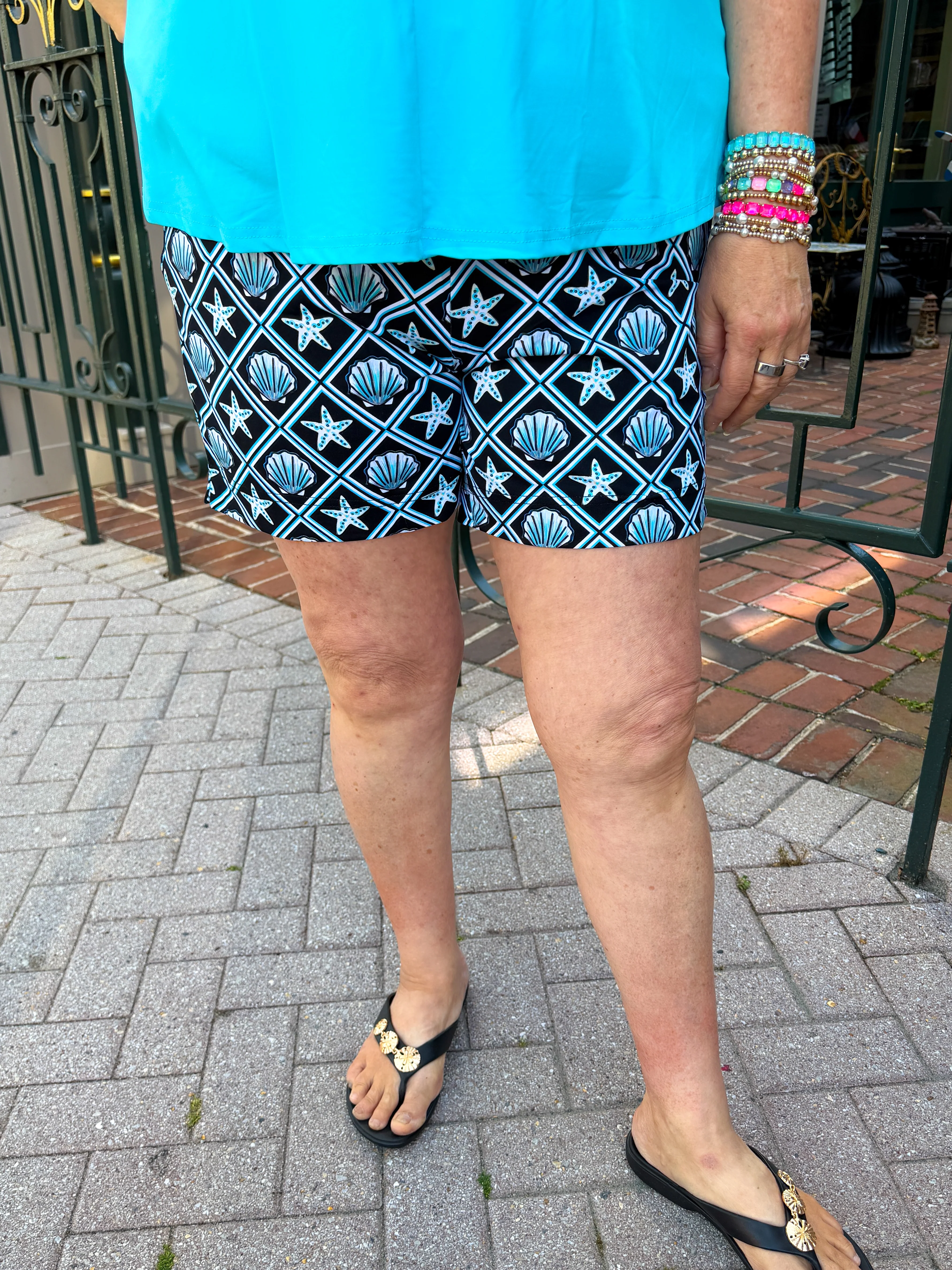 Lulu B Black and Turquoise Shells UPF 50+ 5" Shorts with Pockets