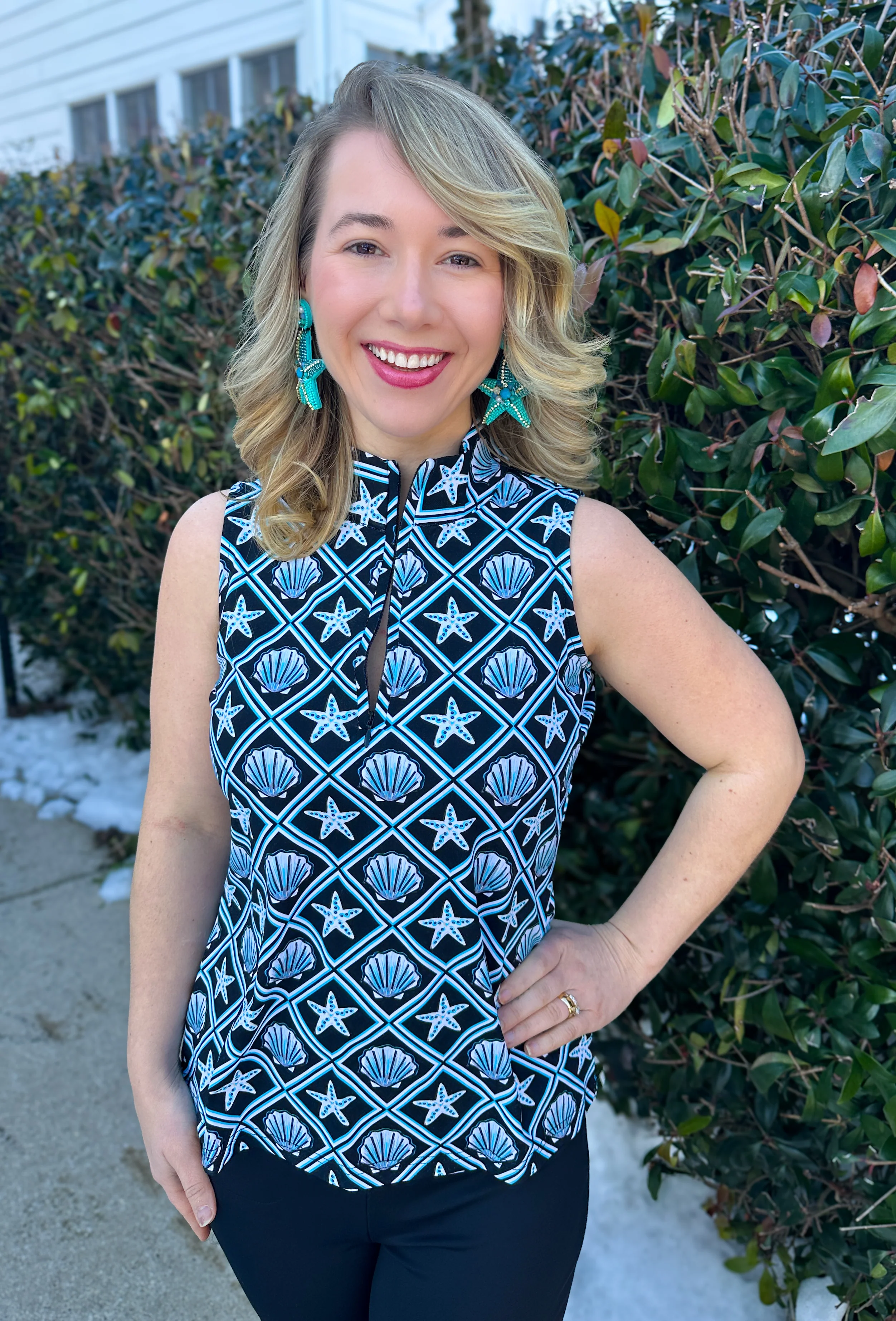 Lulu B Black and Turquoise Shells UPF 50+ Sleeveless Zip Top