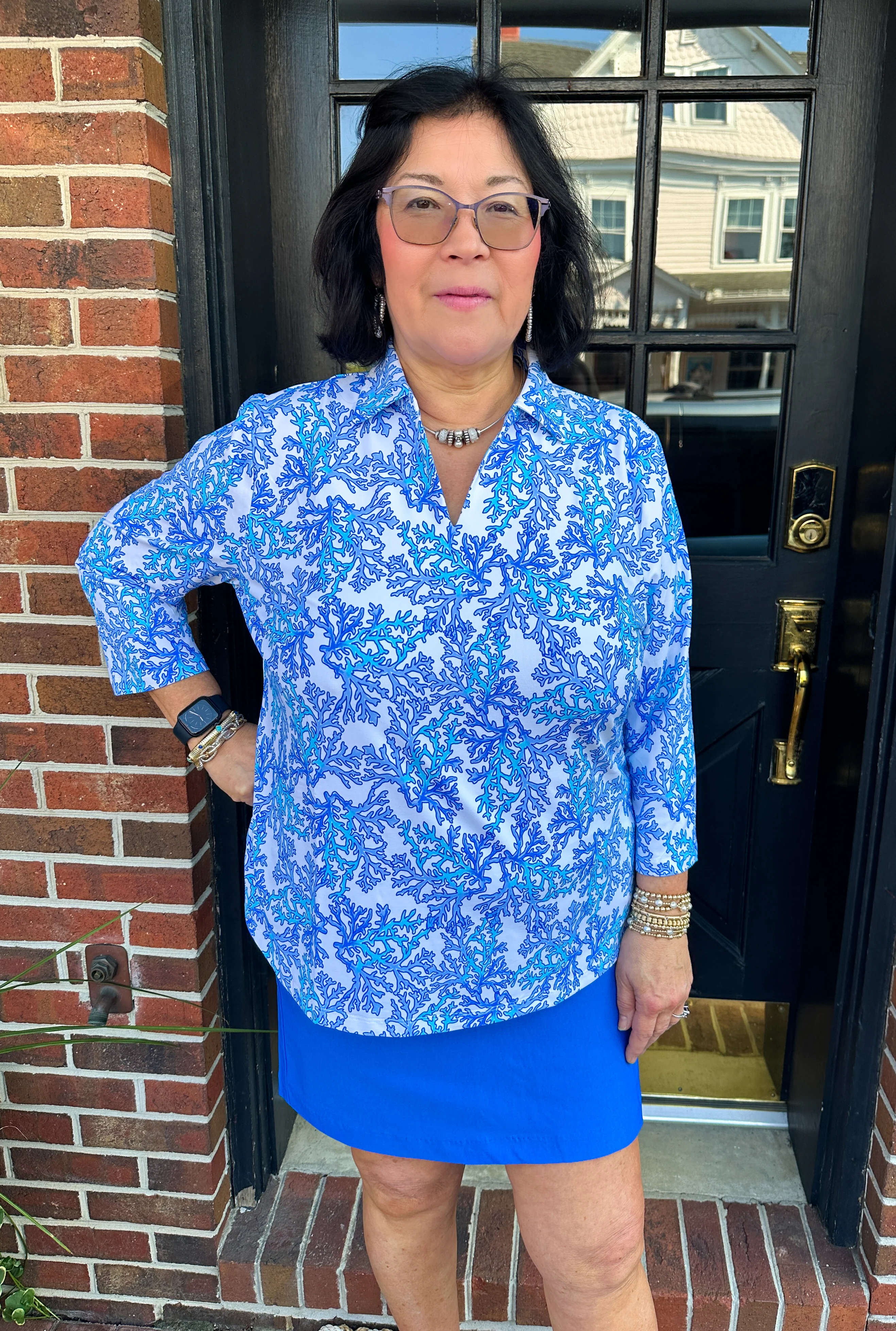 Lulu B Blue Coral Long Sleeve Collar Top