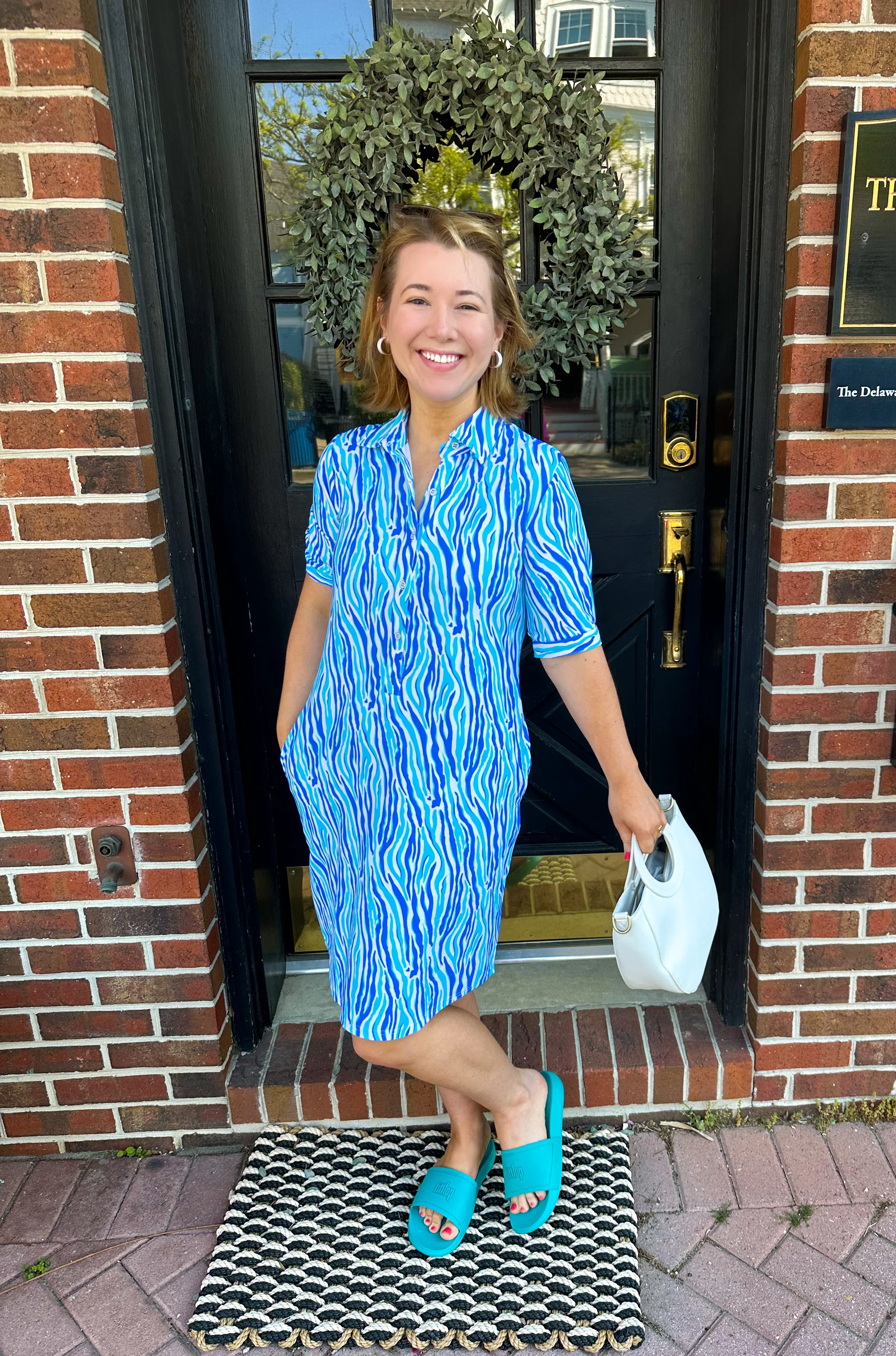 Lulu B Blue Zebra Collar Button V-Neck Travel Dress