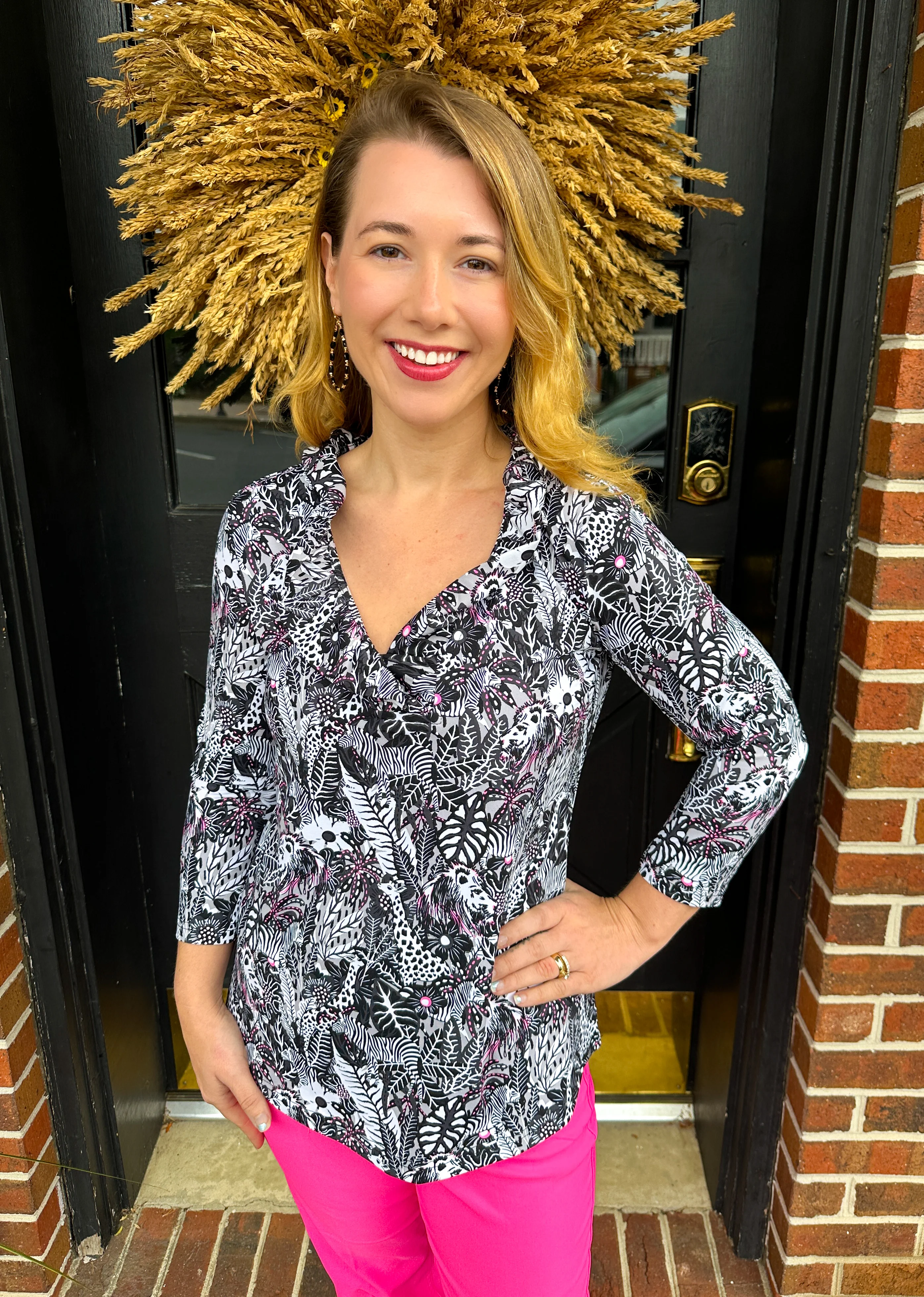 Lulu B Ruffle Neck Black and White Jungle Top