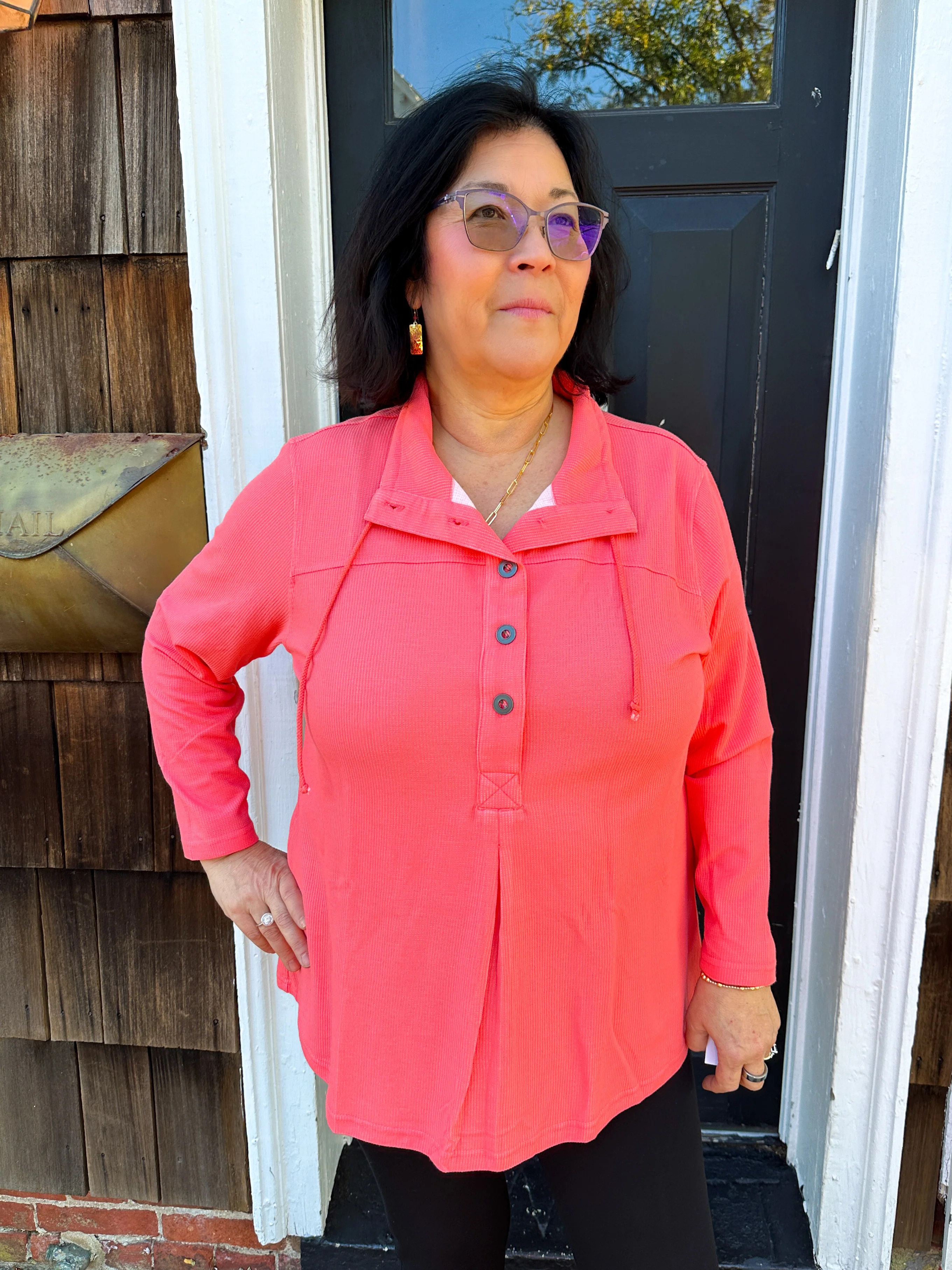 Lulu B Salmon Waffle Knit Textured Button Tunic - Image 3