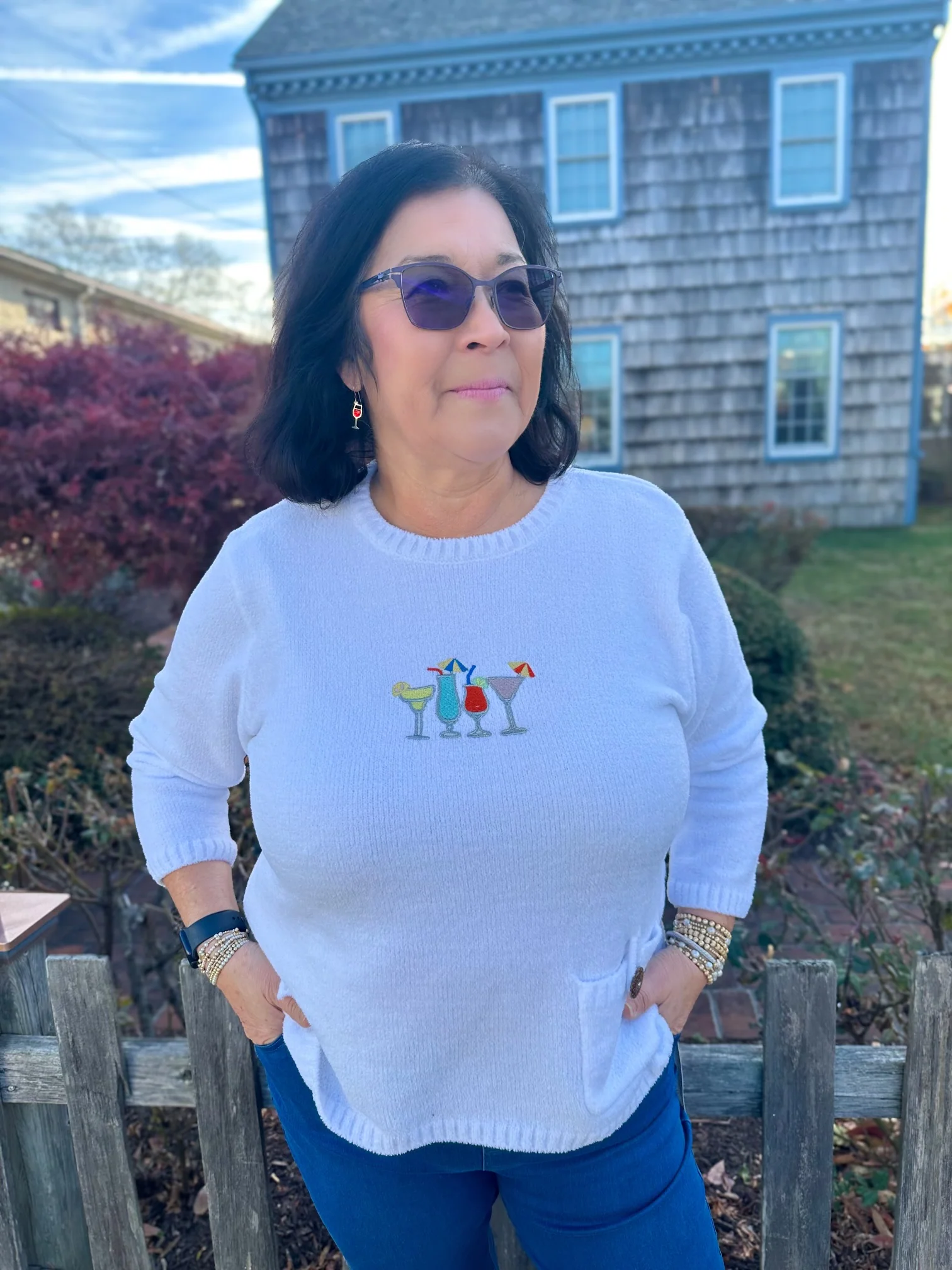 Lulu B White Chenille Embroidered Cocktails Sweater - Image 2