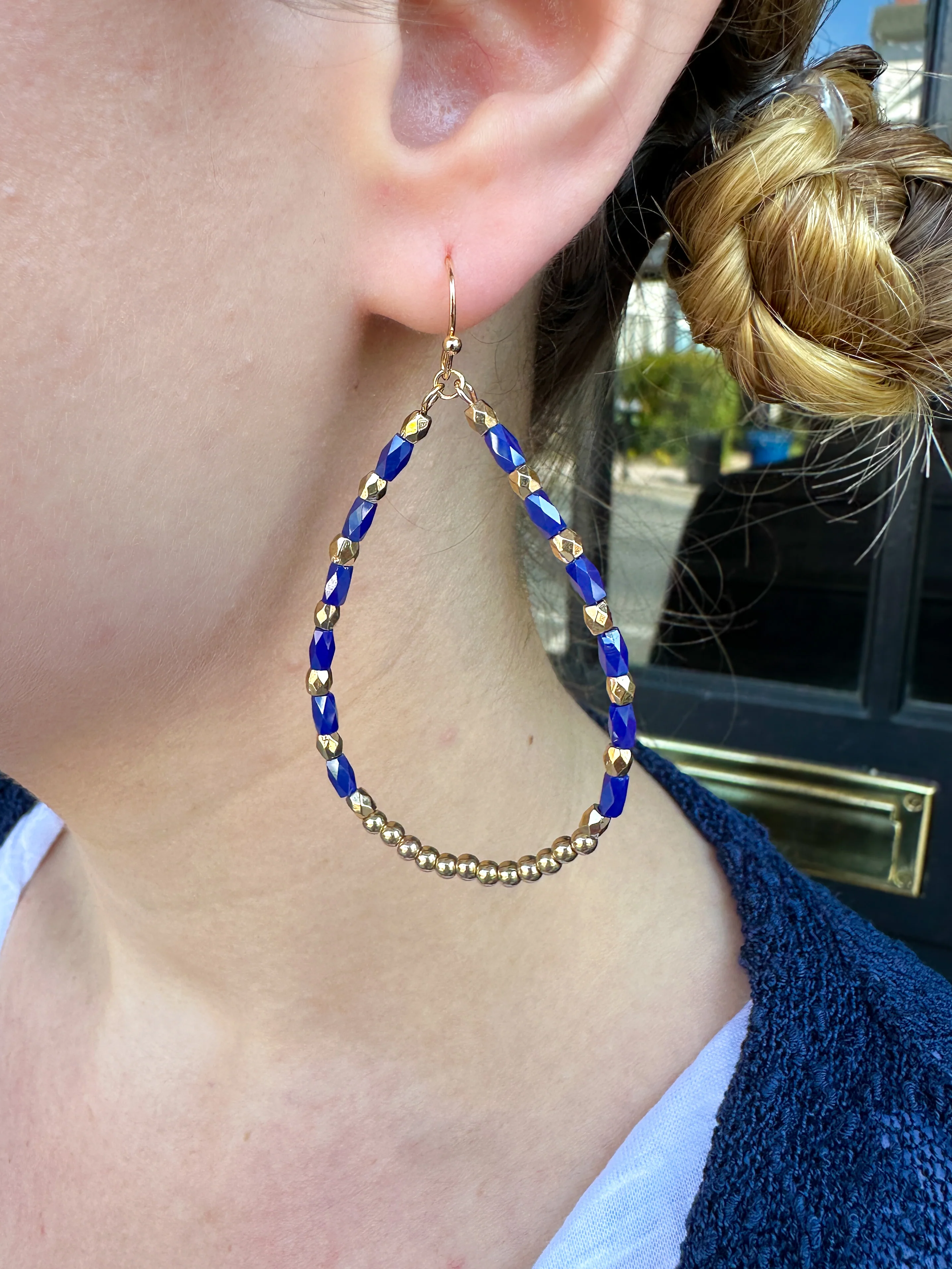 Navy Beaded Teardrop Earrings - Image 3