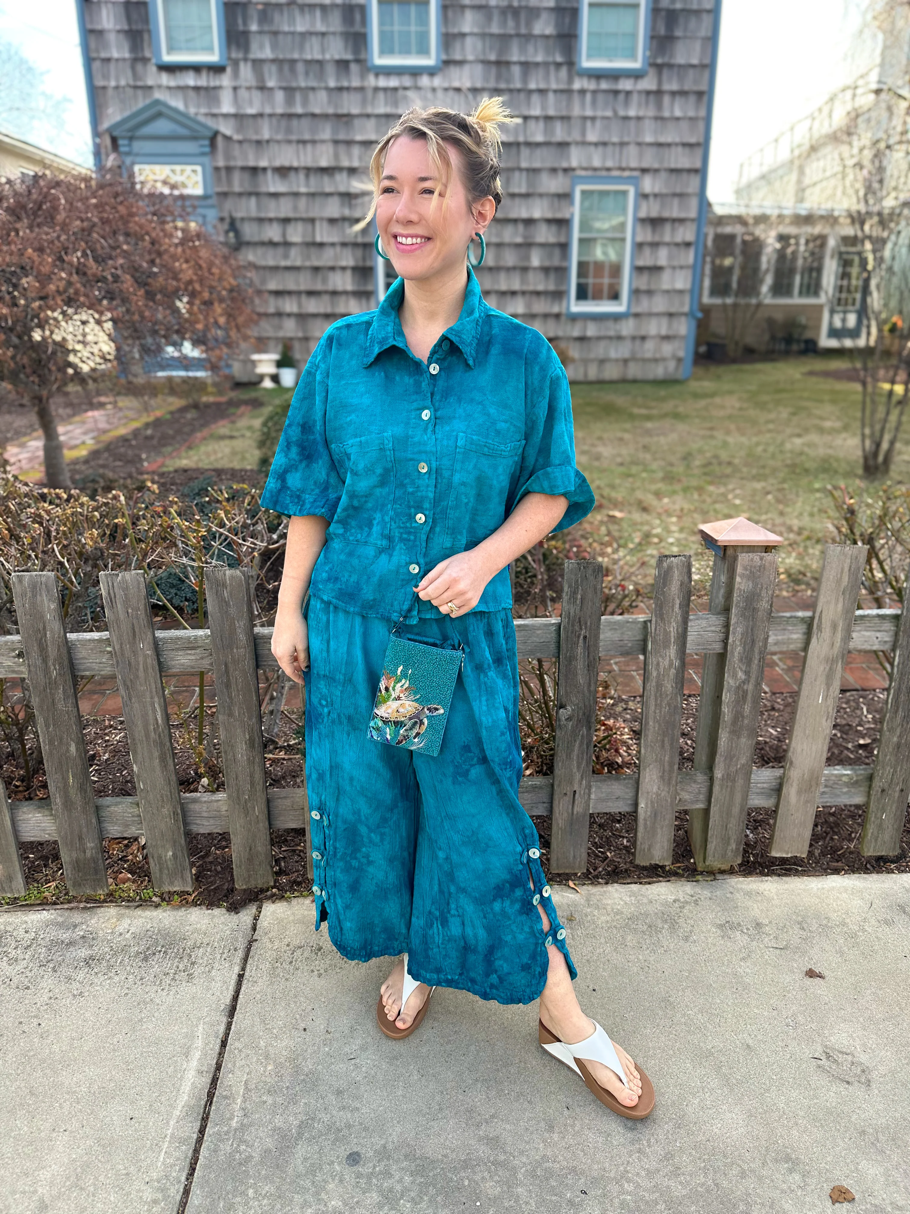 Oh My Gauze Dotty Button Pant Washed Peacock - Image 2