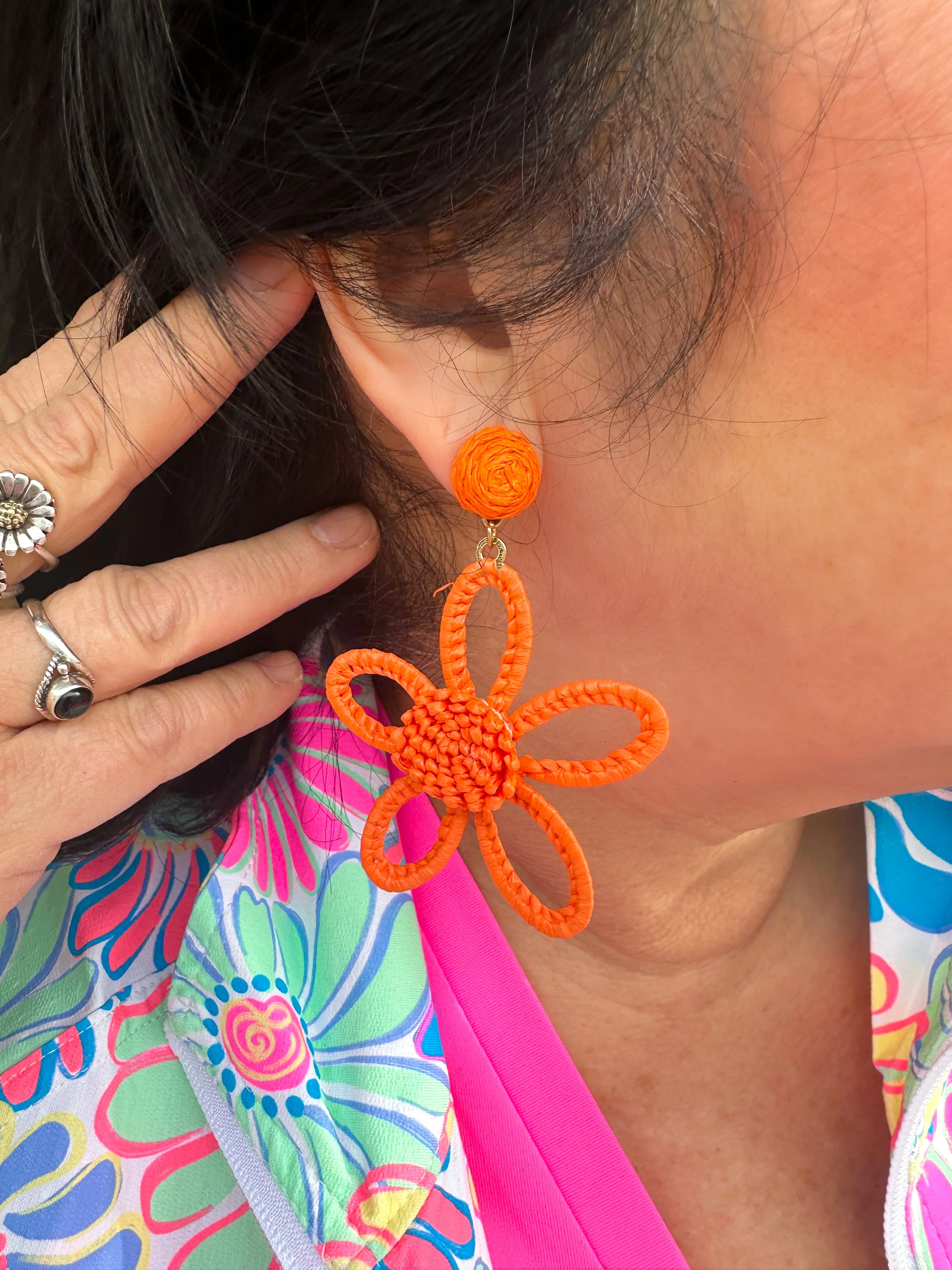 Orange Retro Flower Earrings - Image 3