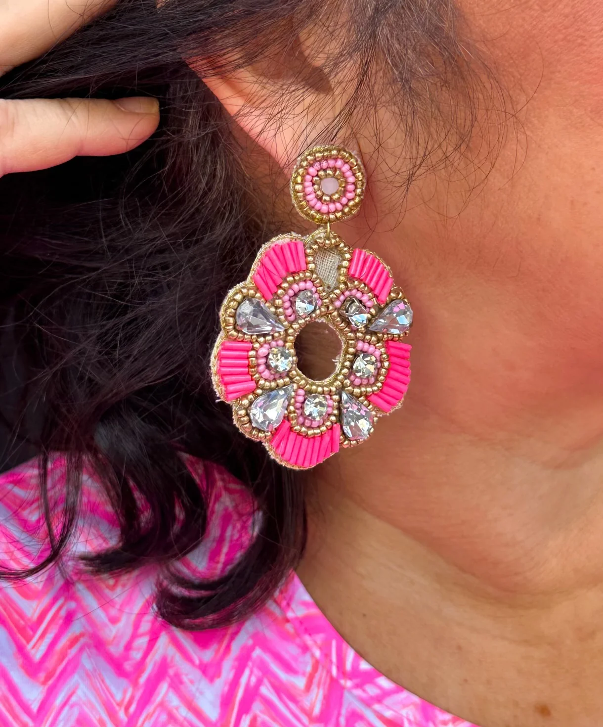 Pink Flower Rhinestone Earrings - Image 3