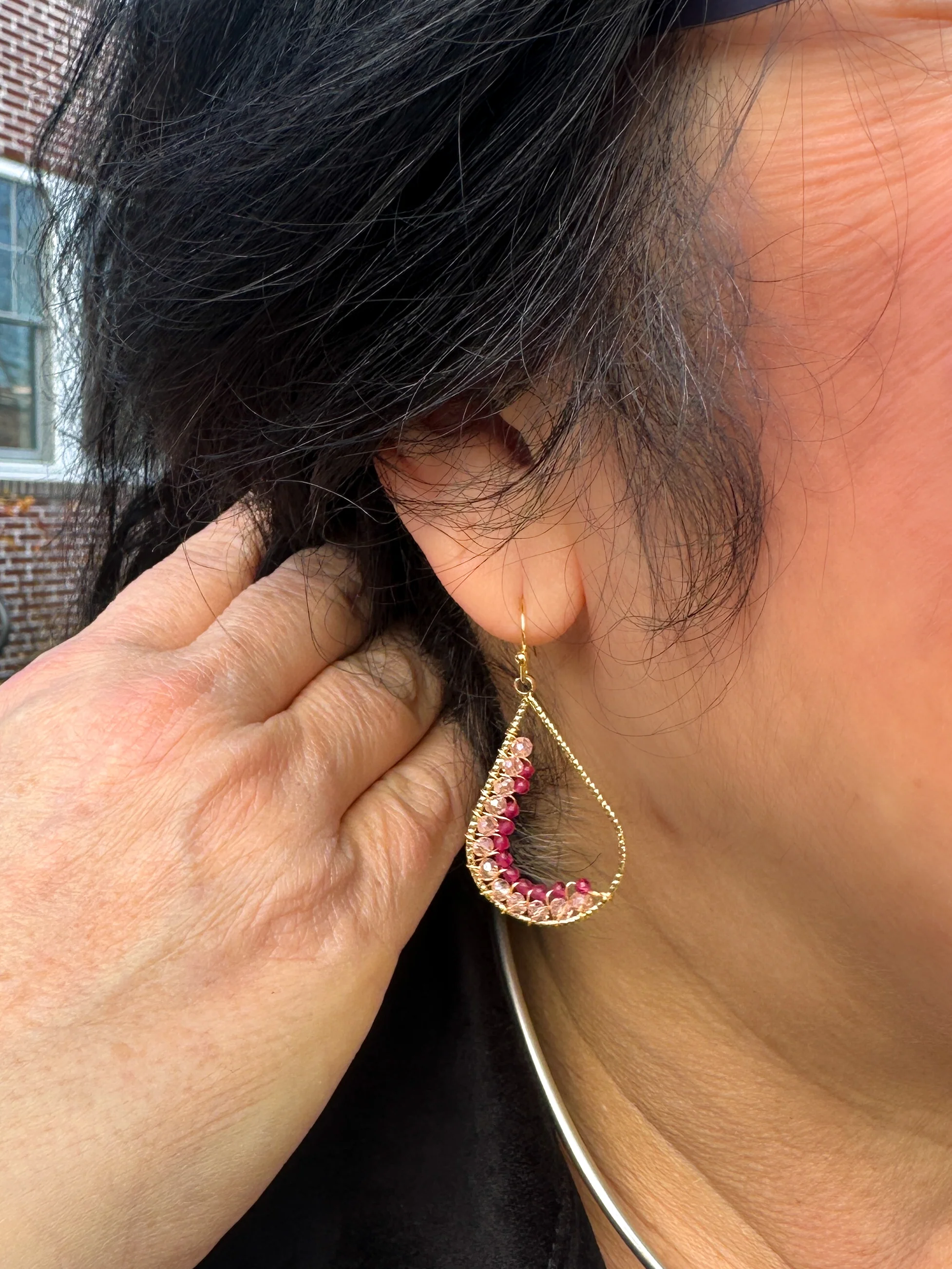 Pink Tear Drop Beaded Earrings - Image 3