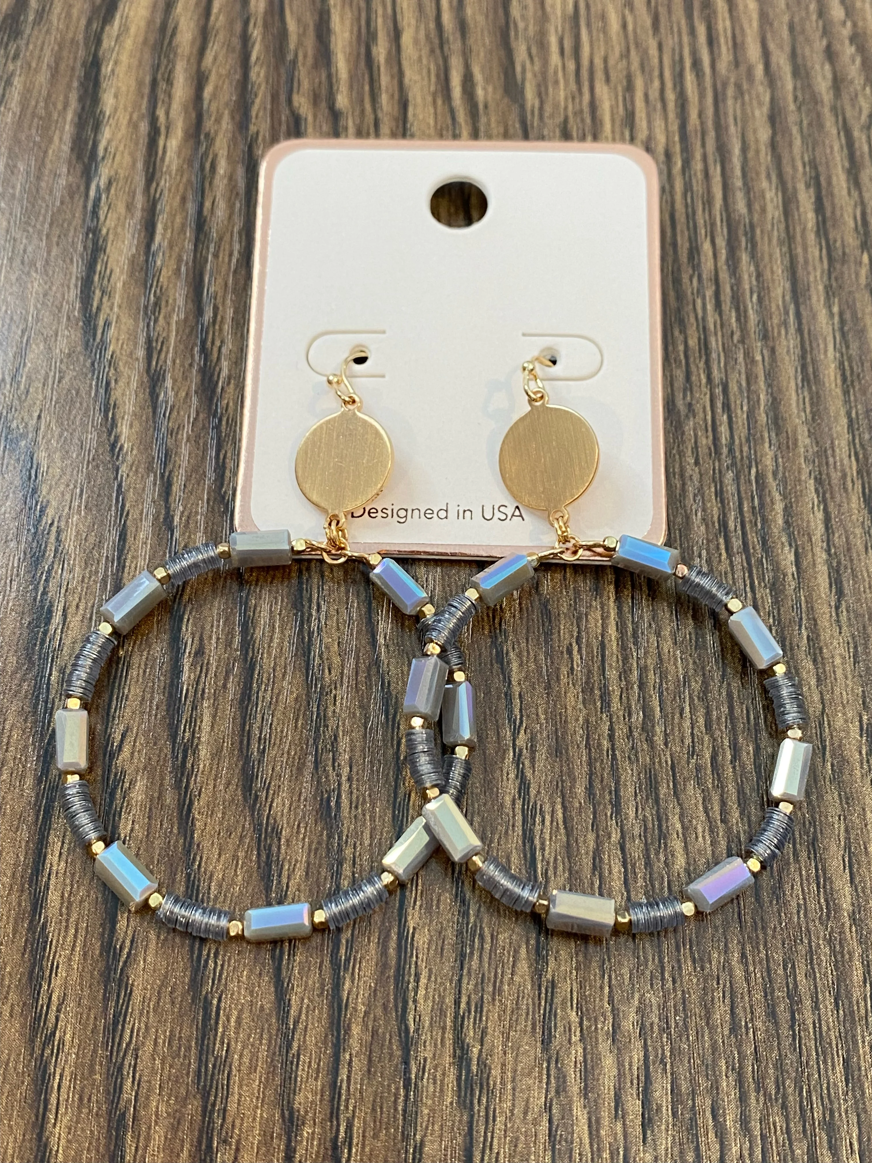 Purple and Grey Beaded Hoop Earrings