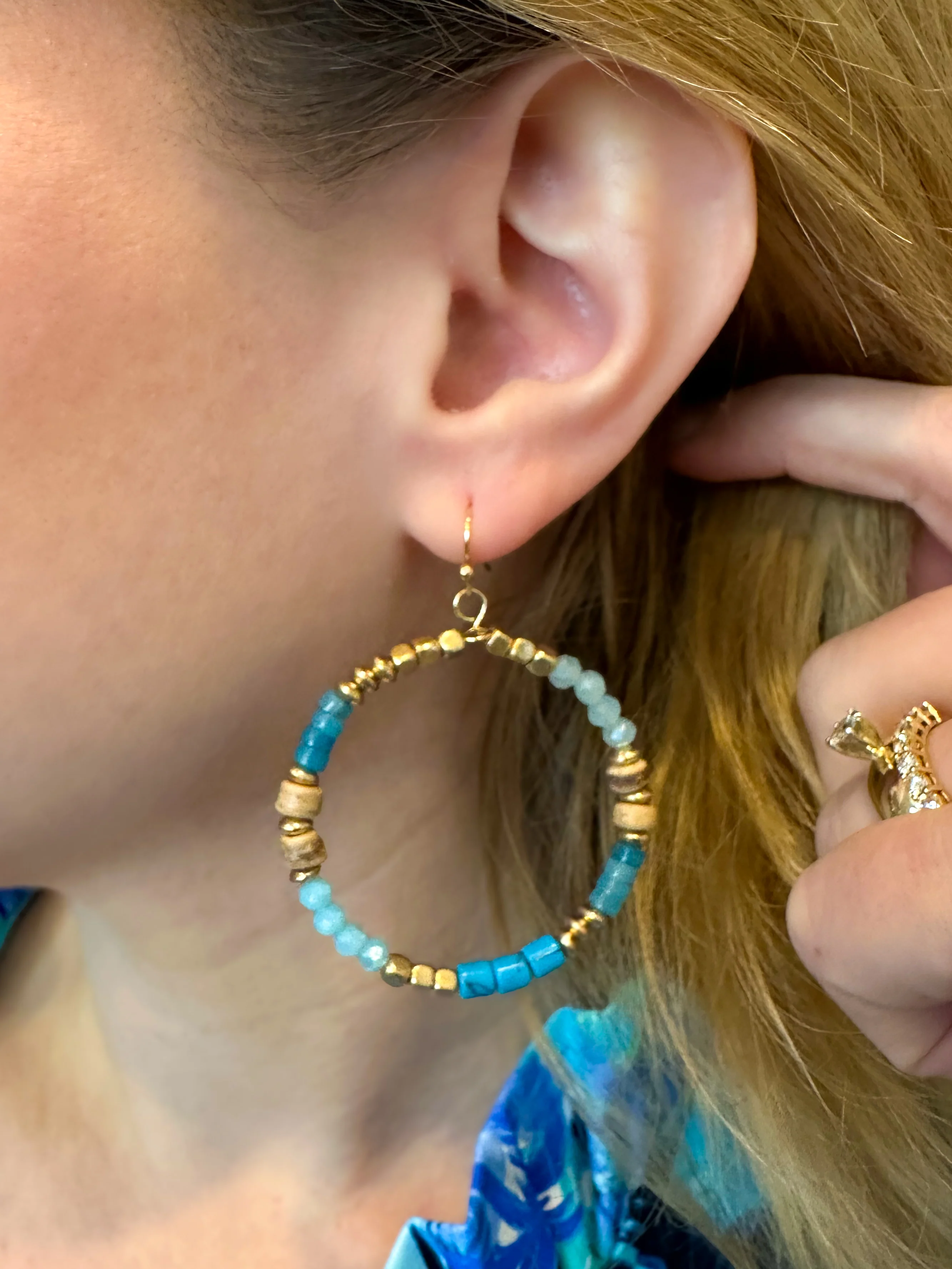 Turquoise and Gold Beaded Earrings - Image 3